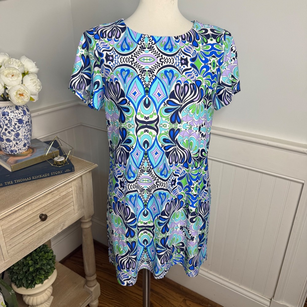 Jude Connally‎ Womens Blue Green Paisley Short Sleeve Shift Dress Size Medium